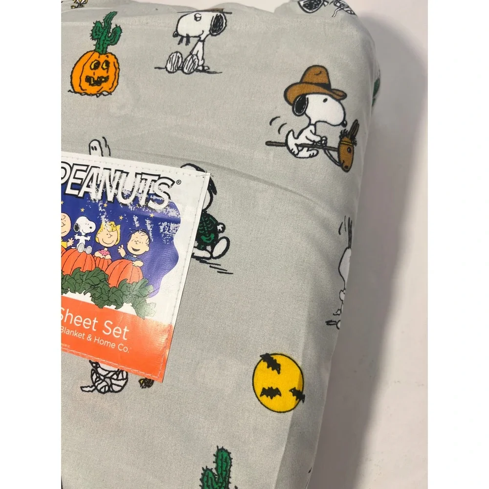 Peanuts Halloween Full Sheet Set Berkshire Blanket Snoopy Pumpkin Grey 4pc NEW